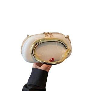 Chic White Clutch Handbag with Gold C Shape Handle Chain Strap Evening‎ Bag